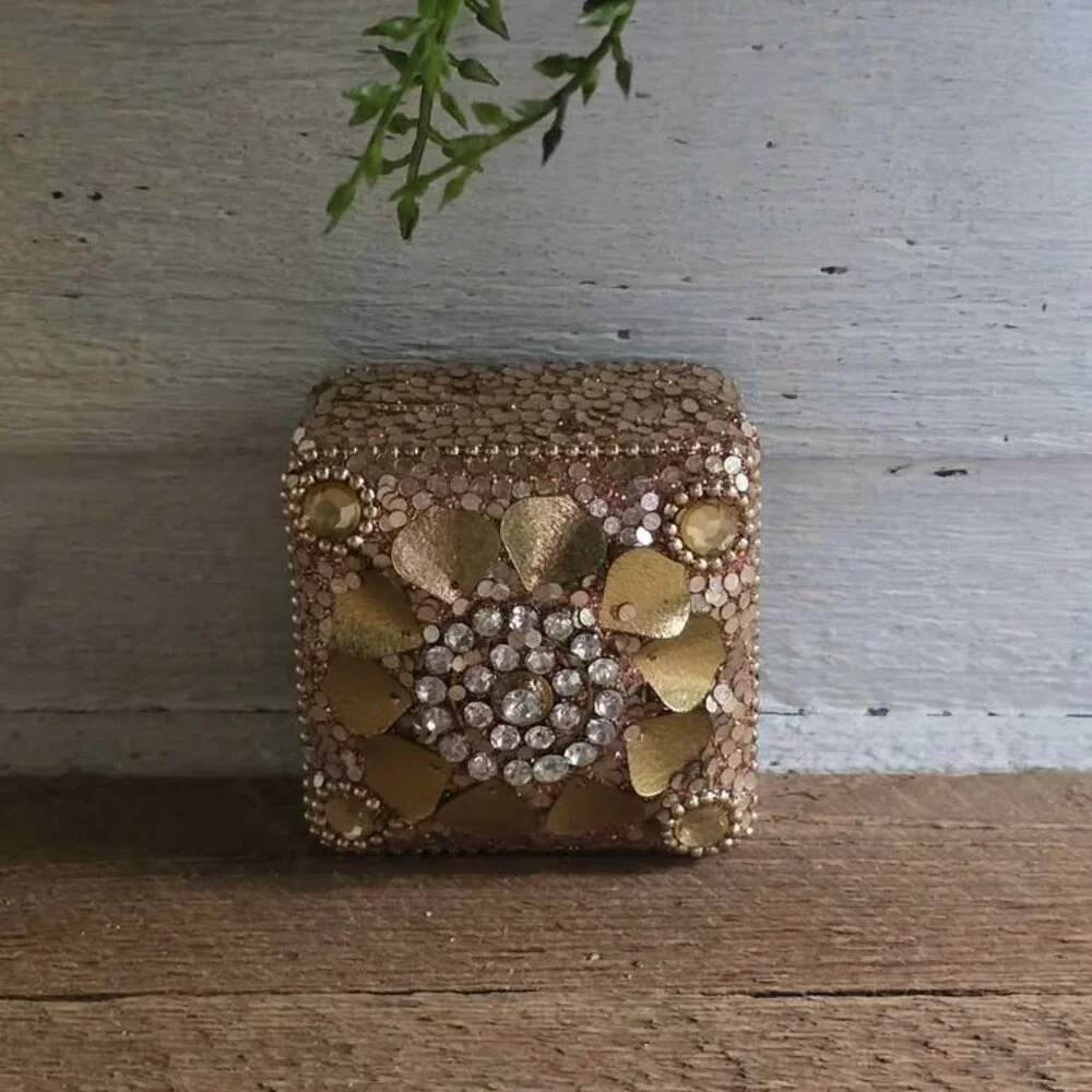 Vintage Beaded Gold Jewlry Box Tin Ring Earring Necklace Bling Storage Container